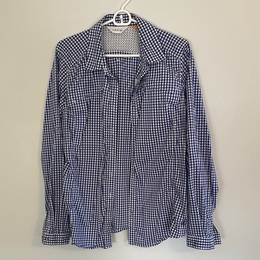 Orvis Women's Navy and White Gingham Button-Down Shirt